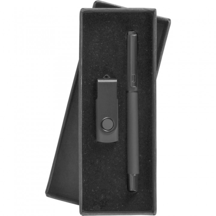 Siyah Metal Roller Kalemli 16 GB Lazer Baskılı Promosyon USB Set